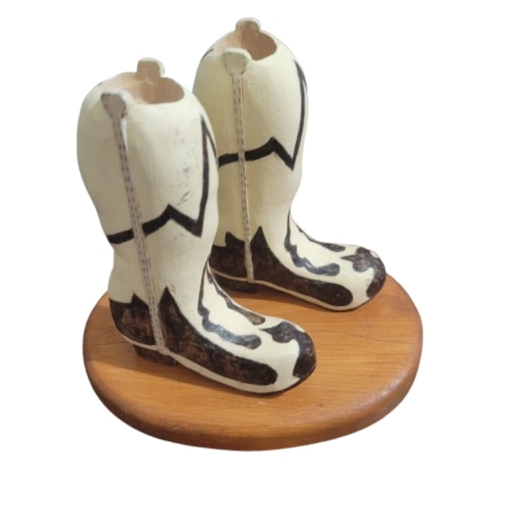Western Cowboy Wooden Boot on Wooden Base Rustic Farmhouse Decor Hand Carved